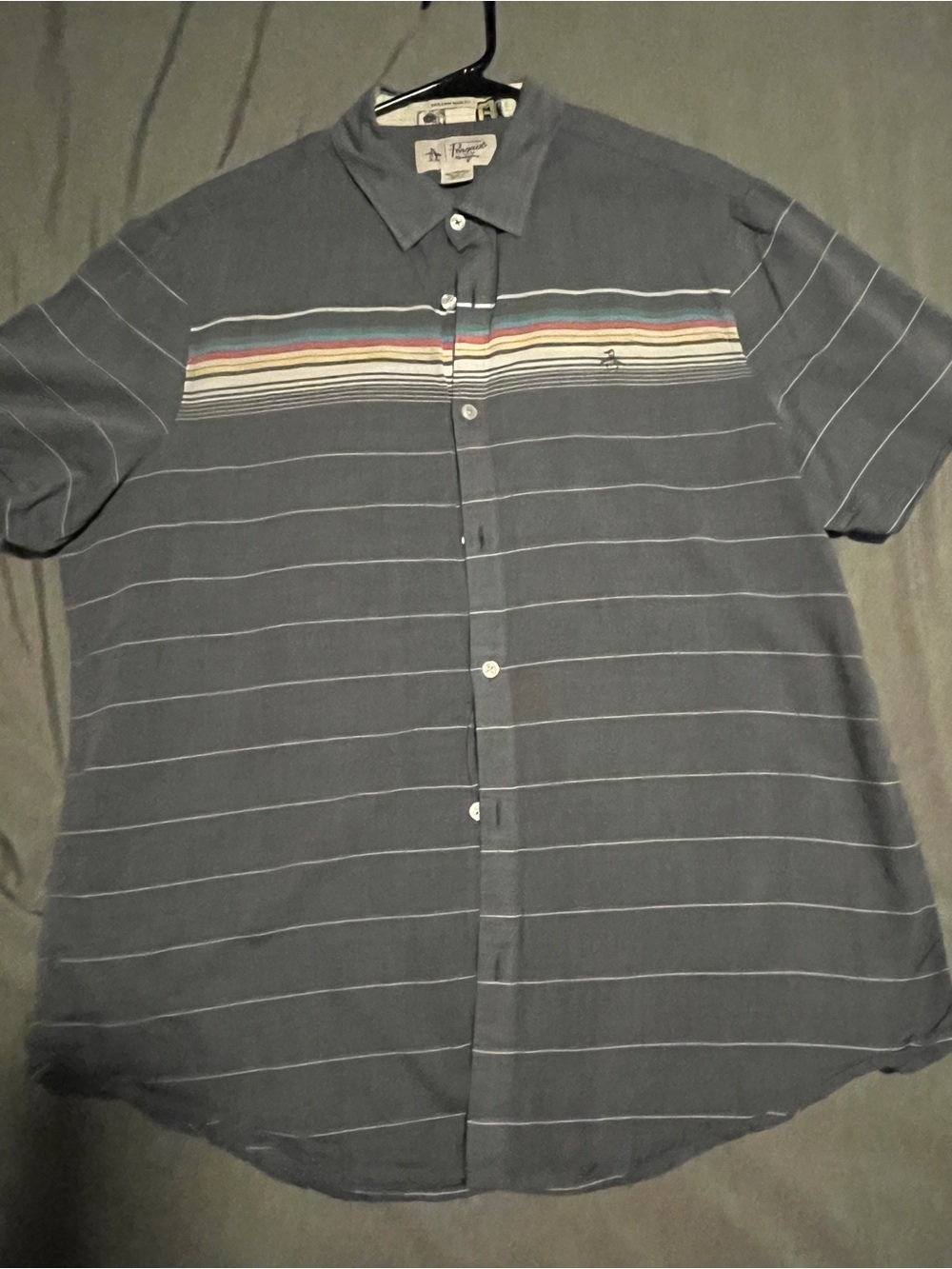 Penguin Men's Short-Sleeve Button-Down Shirt in Slate Blue with Chest Stripes